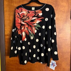 Jess & Jane Long Sleeve Floral Polka Dot Printed Rhinestone Artsy Top 3X BNWT